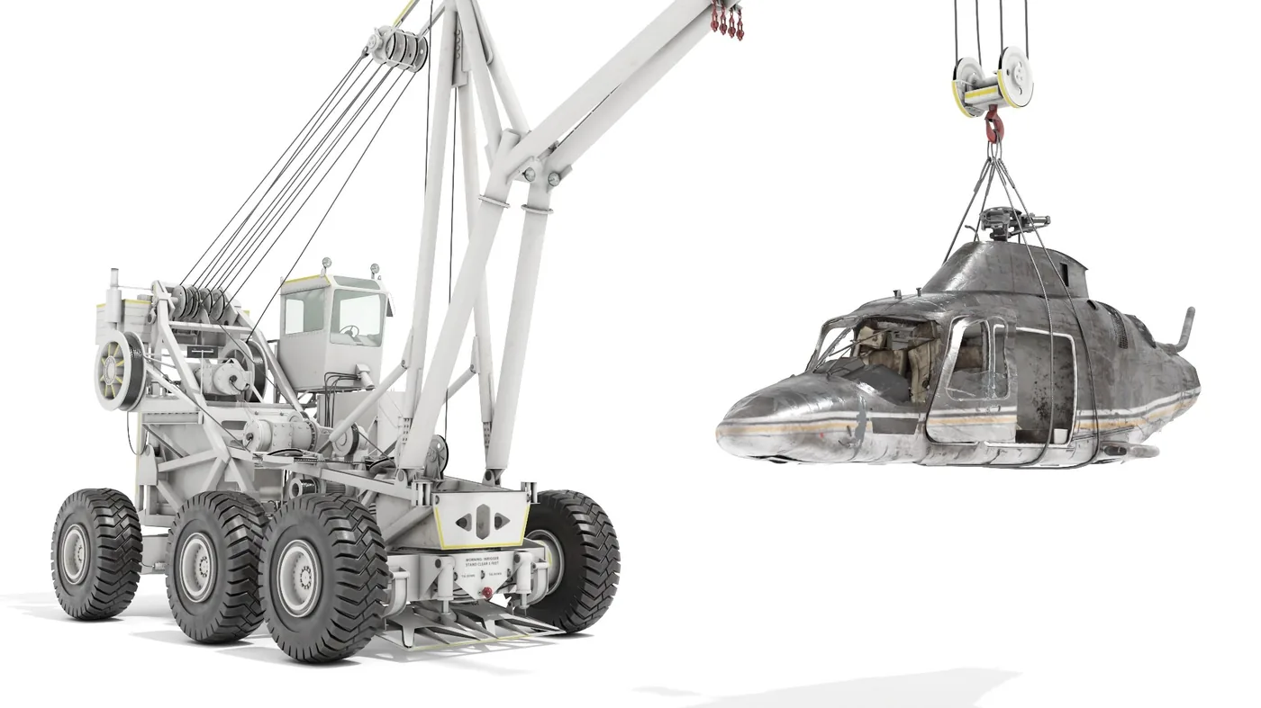 Flight Deck Crane Tilly with Damage Helicopter Hull 3D Model